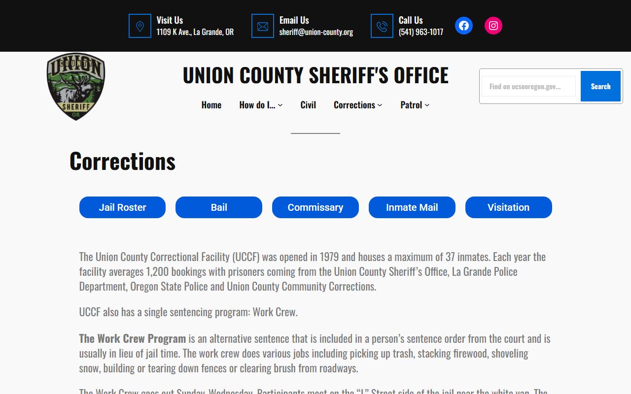 Union County Correctional Facility corrections page showing inmate capacity and jail information