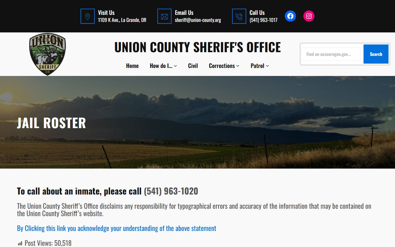 Union County jail roster disclaimer page for inmate population search